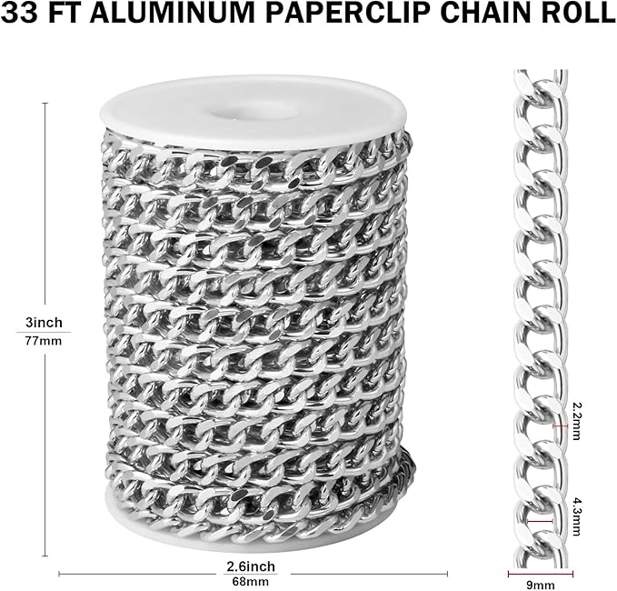[33ft] Silver Chain for Jewelry Making, 8.3mm Wide Silver Aluminum Curb Link Chain Roll Bulk for DIY Jewelry Making Craft