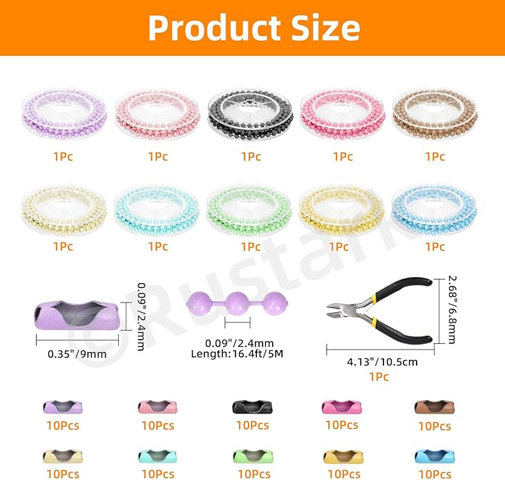 111Pcs 10 Colors 1M/39.37Inch Ball Bead Chain Assortment Kit Ball Chain Necklace with Connectors Clasps and Pliers Bead Link Chains for Dog Pet Tags DIY Necklace Bracelets Hanging Ornament