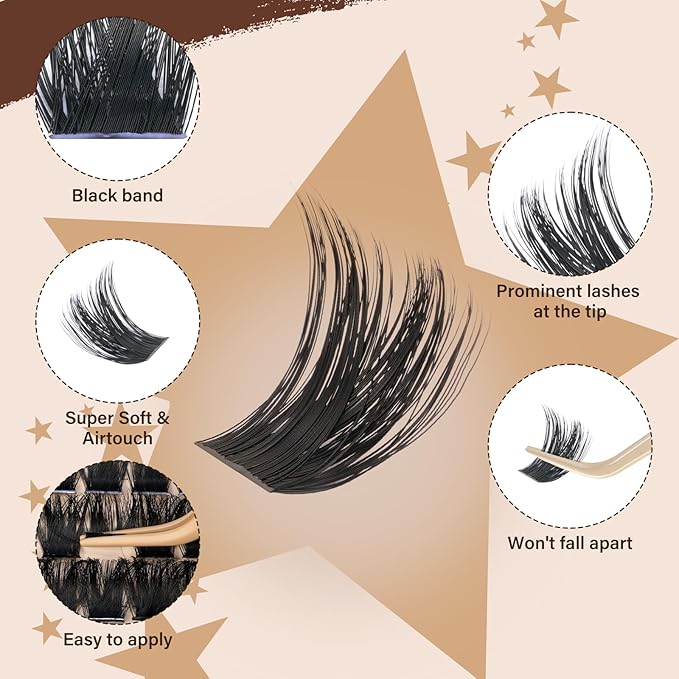 JMS&JMS DIY Lash Extension Kit Lash Clusters Kit 200D D Curl Individual Lashes Eyelash Extension Kit 182pcs Thin Band Cluster Lashes Lash Bond and Seal Tweezers Easy to apply