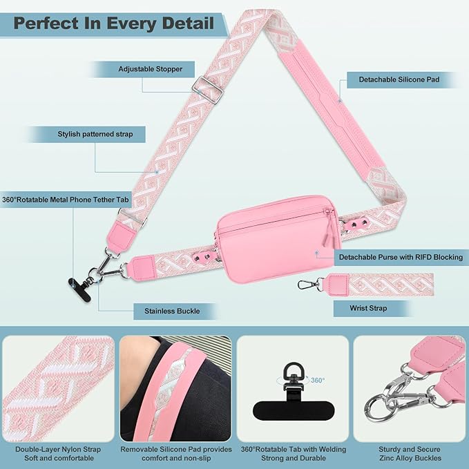 Clip and Go Strap for Phone with Wallet Crossbody, Adjustable Phone Lanyard with Detachable RFID Wristlet Wallet, Pattern Strap - Pink(L)