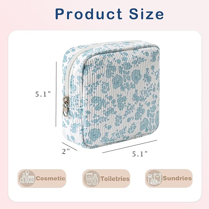 Cute Small Corduroy Zipper Makeup Bag, Mini Coquette Aesthetic Pouch with Flower Pattern for for Purse,Key Pocket Lipstick Bag Card Holder Data Cable Organizer for Women Girls (07Lightblue Flower)