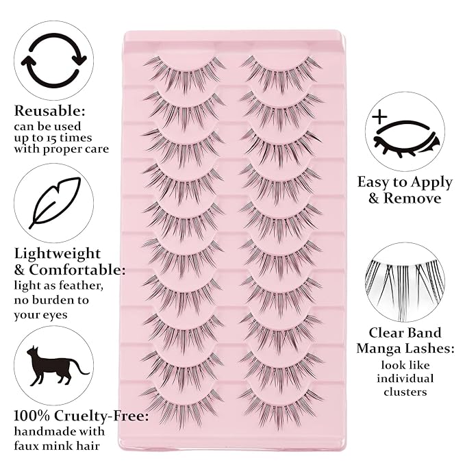 Manga Lashes Natural Look Japanese Anime Lashes Korean Asian Wispy Spiky Lashes with Clear Band Short Fake Eyelash 10 Pairs Pack by outopen