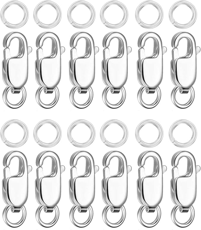 Kcctoo Silver Lobster Claw Clasp with Closed Jump Rings 14K Gold Necklace Clasps and Closures for Jewelry Making, Made in Italy 12mm(0.47inch) (Silver 12pcs)
