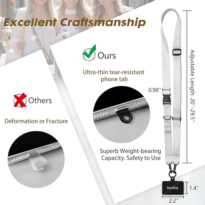 Phone Lanyard Crossbody, White Cell Phone Strap for Around The Neck Adjustable, Minimalist Teacher Anti Theft Cute Lanyard for iPhone Case ID Holder Keys Accessories Travel Essential