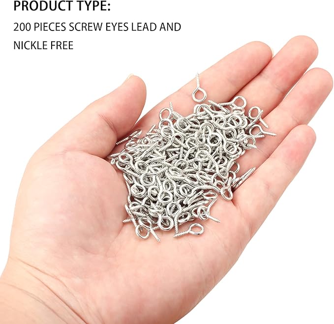 200 Pcs Metal Screw Eye Pins Hooks 7X14mm Heavy Duty Screw Eye Pins for DIY Jewelry Making Rhodium Plated Eye Bolt Arts & Crafts Project