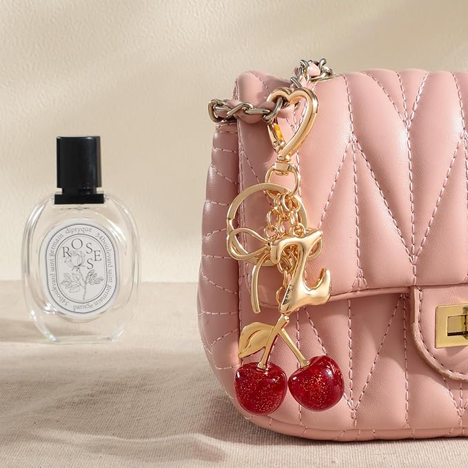 Snycler Bubble Initial Keychain with Cherry & Bow - Gold Letter Bag Charms for Women, Cute Purse Handbag Accessories
