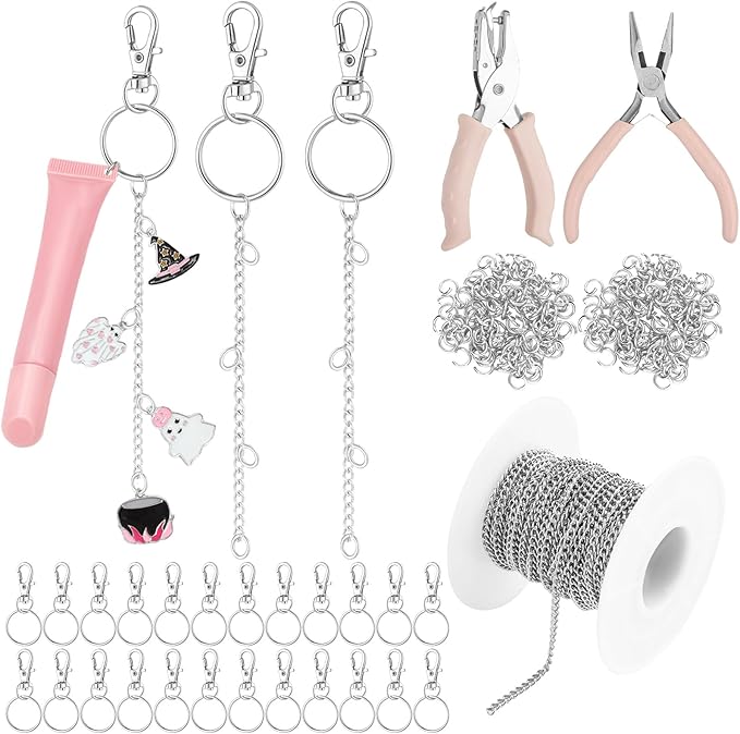 VioraWhite 227 Pcs Christmas Lip Gloss Keychain Making Kit Bulk 24 Keychain Clips with Lobster Claw Clasps 200 Jump Ring Chain Plier Hole Puncher for DIY Lip Gloss Crafts Supplies(Silver)