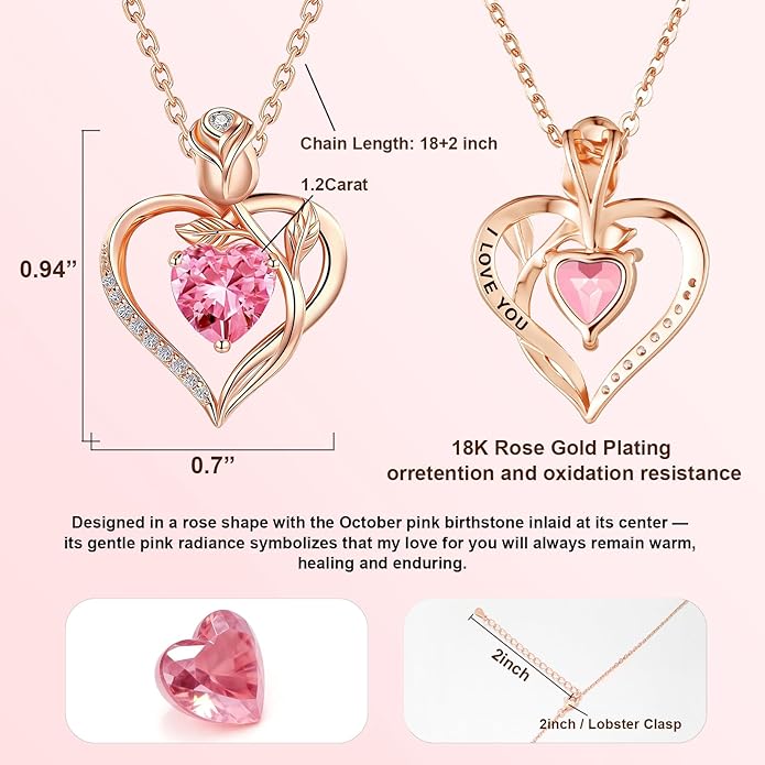 1.2CT Rose Heart Necklace Option of Moissanite or Lab-Grown Sapphire Ruby Emerald&More Necklace for Women Birthstone Girlfriend Necklace S925 Sterling Silver 18K White/Rose Gold Plated D Color VVS1 Gift for Wife Mother Daughter for Birthday Anniversary...
