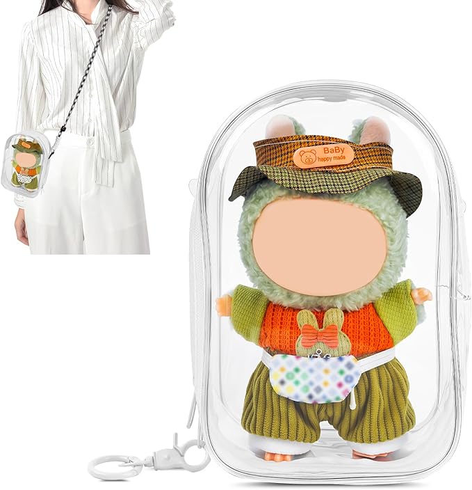 Large Clear Figure Display Bag with Keychain Case Blind Box Keychain Carrying Case, Portable Small Doll Storage Pouches PVC Bag (White Standing)