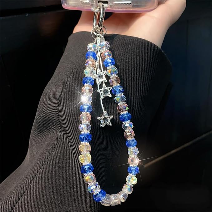 Zircon Star Pendant Crystal Beads Aesthetic Keychain Wristlet Purse Charms Bule Pink Glass Beads Car Key Chain Women Bag Charms Star Tassel Sparkly Bead Keychains Phone Charm Y2K Keychain Accessories