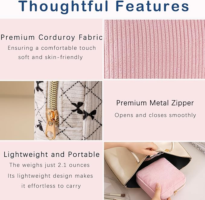 uekeboag Cute Small Corduroy Zipper Makeup Bag, Mini Coquette Aesthetic Pouch with Bear Pattern for for Purse,Key Pocket Lipstick Bag Card Holder Data Cable Organizer (13Pink)