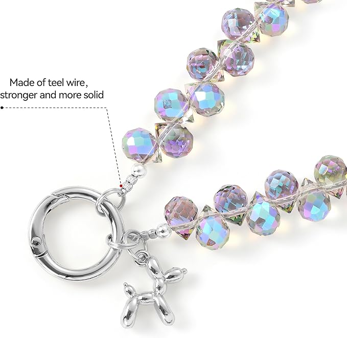 2pcs Crystal Phone Wrist Strap Phone Charm Chain Keychain Beaded Cellphone Lanyard with Tether Tab Hands-Free Wristlet Bracelet Wrist Grip Strap for Women, D-Light Purple