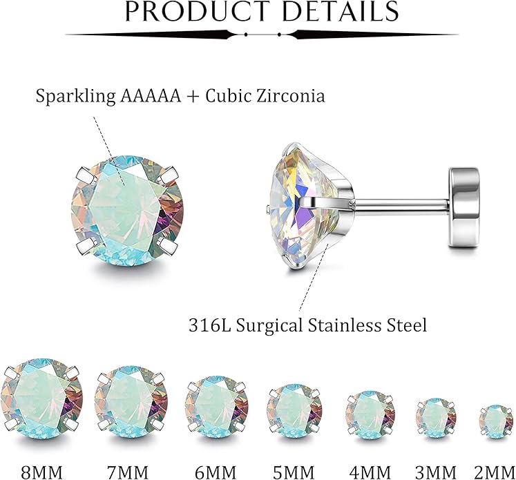 Fansilver 20G Hypoallergenic Flat Back Earrings for Women Men Silver 14K Gold Stainless Steel Stud Earrings Brithstone Cubic Zirconia Studs Surgical Steel Cartilage Earrings for Sensitive Ears