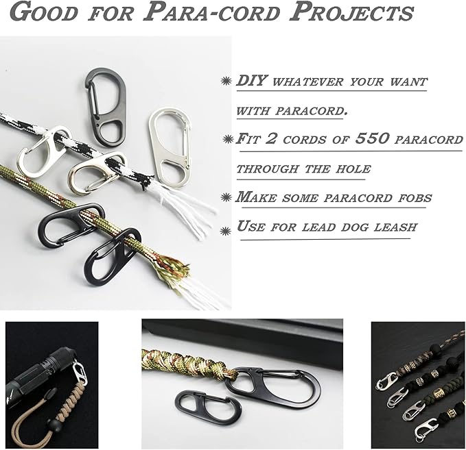 Small Carabiner Clips 1.25 inch/1.85 inch Snap Hooks with Fixed Eye Spring Gate Keychain Parocord Rope Clasps Accessories