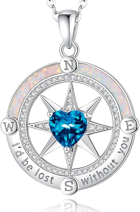 FANCIME Compass Necklace for Women Sterling Silver Compass Jewelry Opal Pendant Fine Jewelry Gemstone Birthday Christmas Gifts for Wife