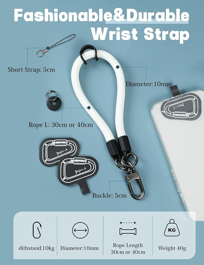 project-cb Hand Wrist Phone Strap,Phone Lanyard Patch ×2,Cell Phone Case Holder,Wristlet Strap for Key,AirPods,Camera (White, 15.7inch)
