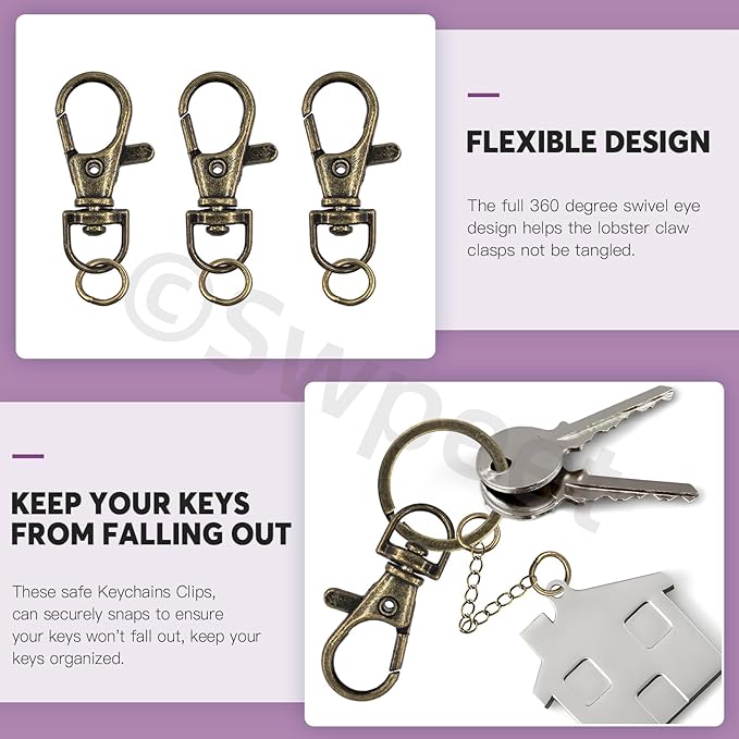 Swpeet 125Pcs Bronze Keychain Making Set, 25Pcs Swivel Lanyard Snap Hook, 25P Keychain Ring, 25P Extender Chains, 50P Open Jump Rings, Swivel Lobster Clasps, Keychains Clips