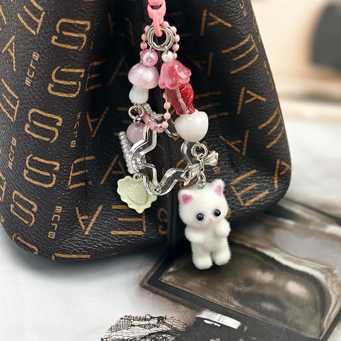 Cute Cat Keychain, Y2K Heart Bow Pendant, Kawaii Cat Bag Charm