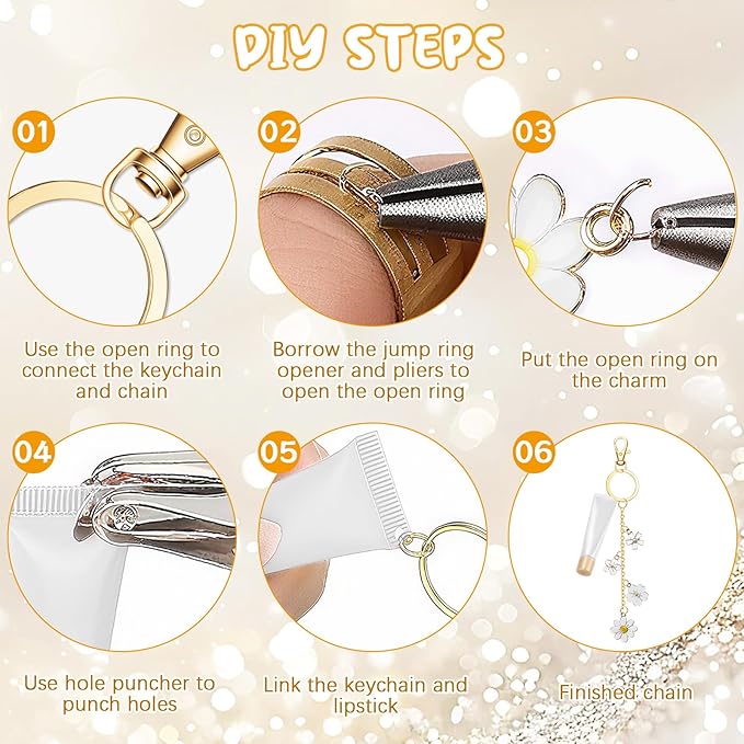 X-Kingsun 303 Pcs Lip Gloss Keychain Making Kit 100 White Lips Charms Jewelry Plier Keychains Clips Gold Extender Chains for Women DIY Crafting Making