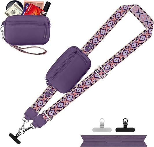 Clip and Go Strap for Phone with Wallet Crossbody, Adjustable Phone Lanyard with Detachable RFID Wristlet Wallet, Pattern Strap, Dark Purple(M)