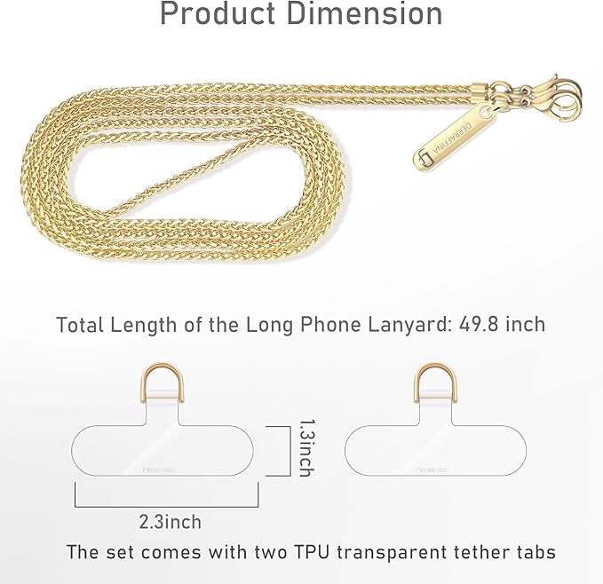Metal Phone Chain, Crossbody Detachable Phone Lanyard with 2* Tether Tabs for iPhone and Smartphones (Gold,Long)