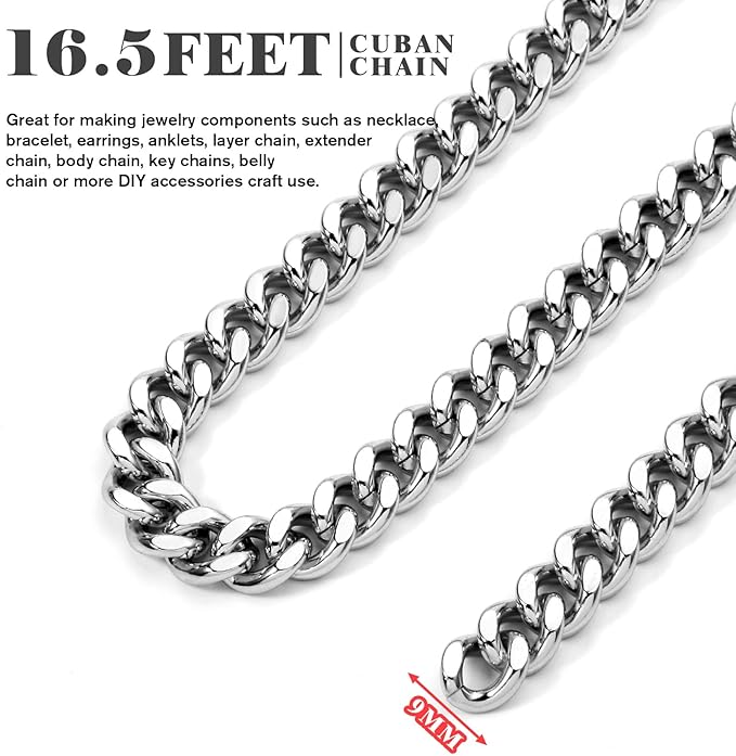 16.5 Feet Stainless Steel Cuban Chains Roll, 9mm Width Chunky Curb Link Chains Spool Bulk for Jewelry Meking