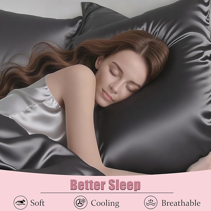 Mulberry Silk Pillow Cases with Zipper, Ultra Smooth Soft Breathable Cooling Pillow Cases for Hot Sleepers, Silk Satin Pillowcase for Hair and Skin, Gifts for Women (Dark Grey, Queen Size, 1 Pack)
