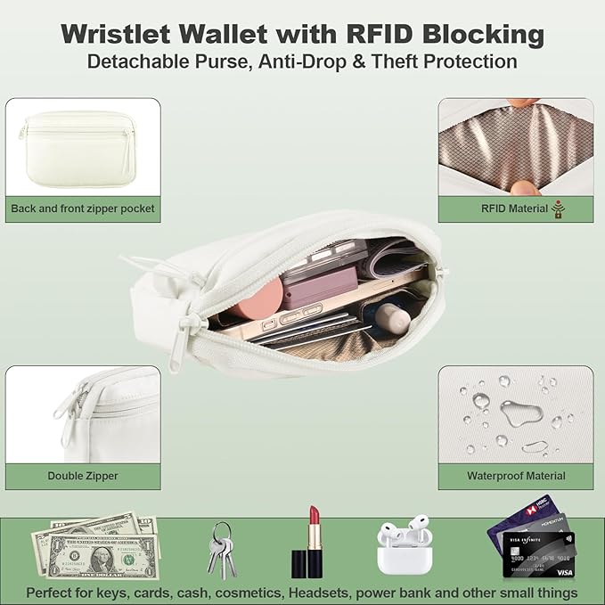 Clip and Go Strap for Phone with Wallet Crossbody, Adjustable Phone Lanyard with Detachable RFID Wristlet Wallet & Ultra-Thin 360° Rotatable Metal Tabs for All Smartphones (Cream)