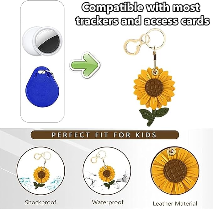 Leather Keychain Holder Case Compatible with AirTag,Cute Protective Apple Air Tag Cover with Keychain Ring,Anti-Scratch Finder GPS Tracker Case for Wallet Keys,Bag,Pets(Sunflower)