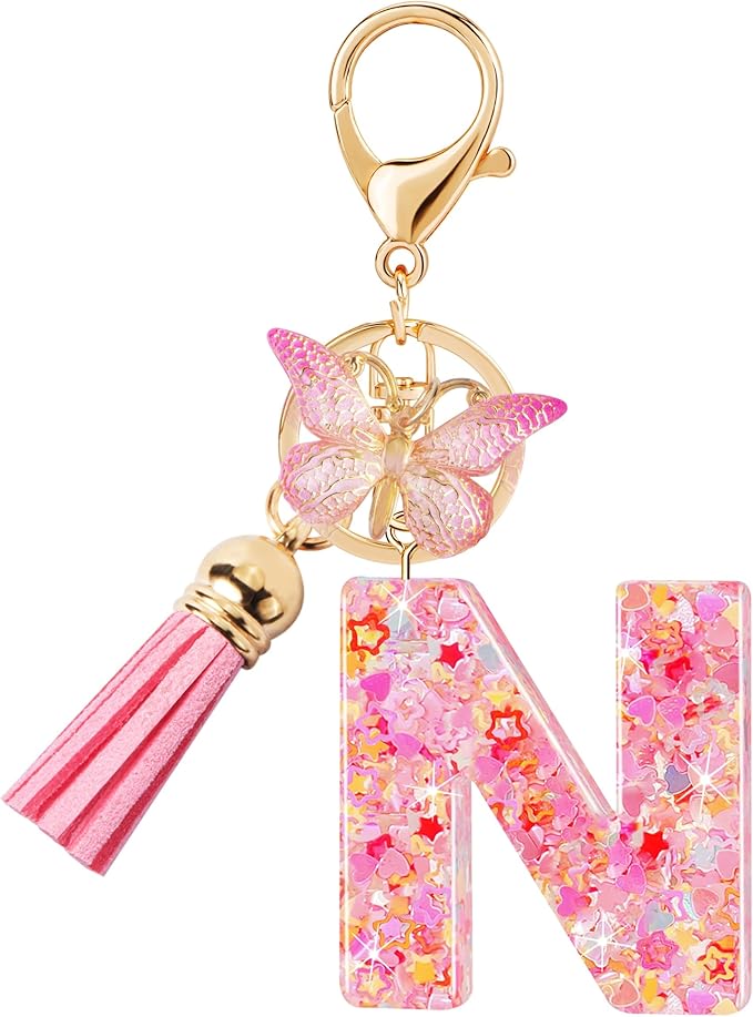 Initial letter Keychains for Women Girls Tassel Butterfly Cute Keychain for Wallet Backpack charm