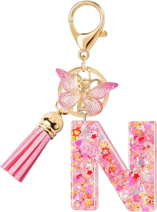 Initial letter Keychains for Women Girls Tassel Butterfly Cute Keychain for Wallet Backpack charm