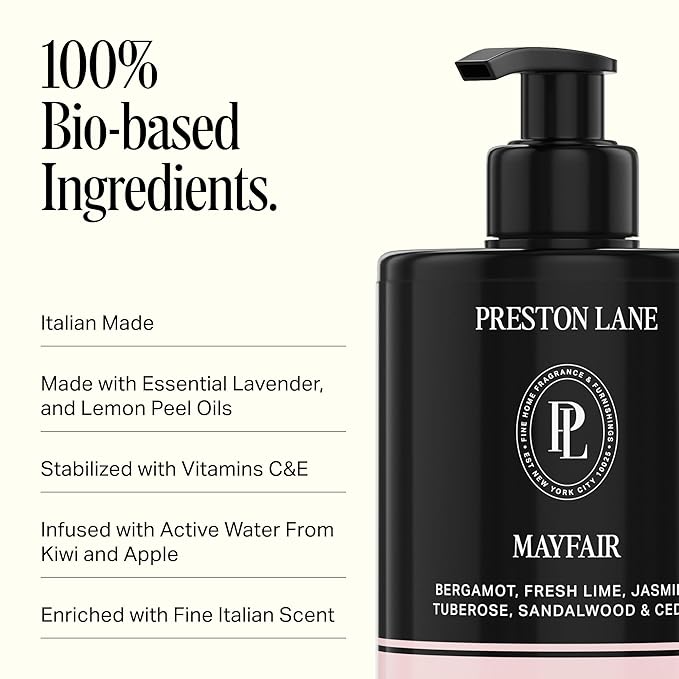Preston Lane Luxury Hand Cream, Mayfair Scent, Made in Italy | Hydrating Formula with Tea Tree, Lavender & Lemon Essential Oils, Hyaluronic Acid, Vitamins C & E, and Kiwi & Apple Water