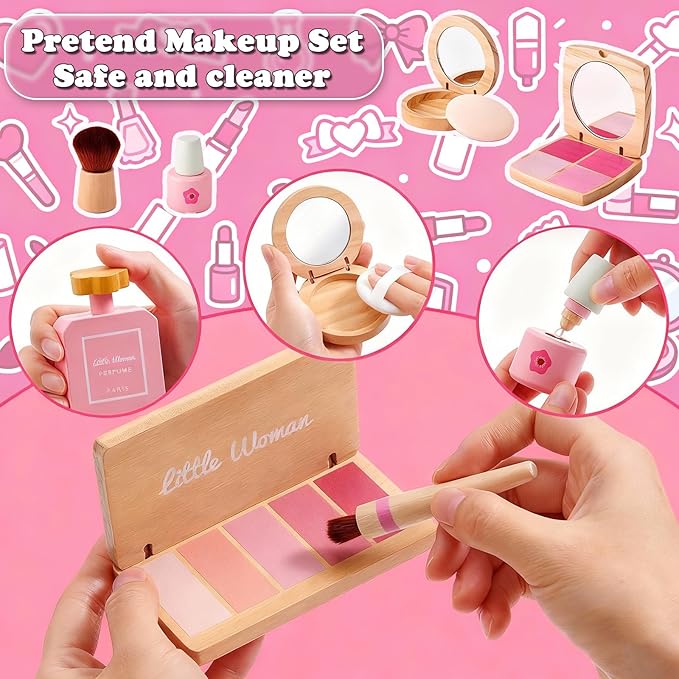 Wooden Makeup Toy Set for Girls - Pretend Play Makeup Kit for Toddlers 3-5 with Eyeshadow/ Mascara/ Perfume/ Blush/ Mirror/ Bag, Birthday Gifts for Girls Toys Kids Aged 3 4 5 6 7 8