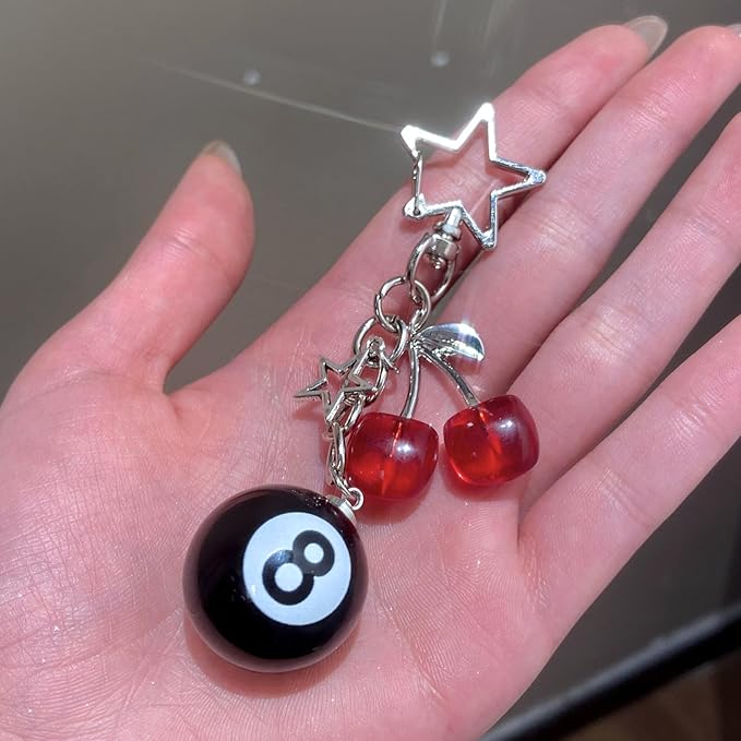 Lucky Dice Cherry Magic 8 Ball Keychain Billiard Ball Star Cherry Bags Charms Cute Y2k Keychain for Women Men