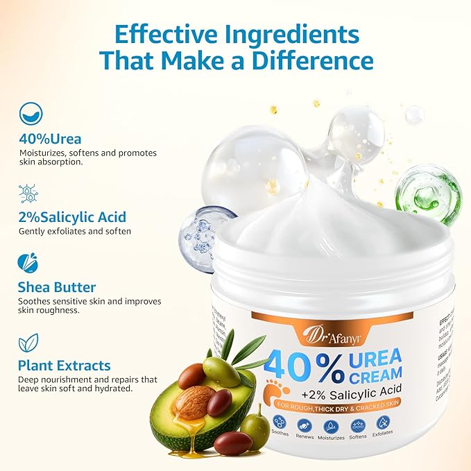 DR.Afanyr 40% Urea Cream for Feet – Foot Cream with 2% Salicylic Acid for Dry Cracked Heels and Feet, Urea 40% Foot Lotion, Formulated with Shea Butter, Tea Tree Oil for Deep Moisturizing(5.29oz)