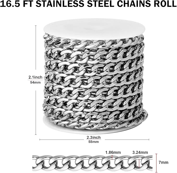 [16.5 FT] Silver Curb Chains for Jewelry Making, 7mm Wide 304 Stainless Steel Cuban Link Chain Roll Bulk for DIY Jewelry Making Craft