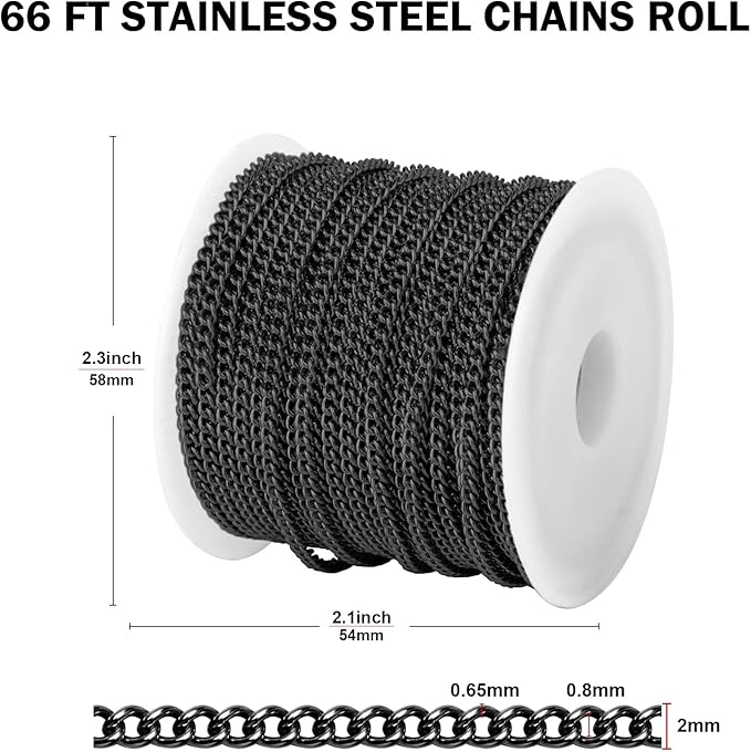 [66 FT] Black Curb Chains Bulk for Jewelry Making, 2mm 304 Stainless Steel Gunmetal Black Flat Twisted Links Curb Chains Roll Spool for Jewelry Making DIY Craft