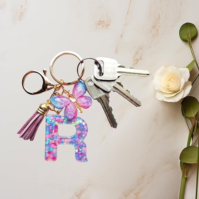 Cute Initial Letter Keychains for Women Girls Tassel Butterfly Pink Purple Green Keychain for Backpack School Bag