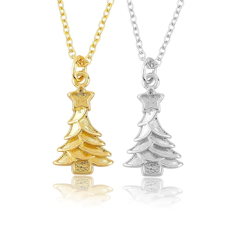 JOR Christmas Tree Charm Pendant Necklace, Women Jewelry, Dainty Gold & Silver Plated Combo Chain 18 inch (Pack of 2)
