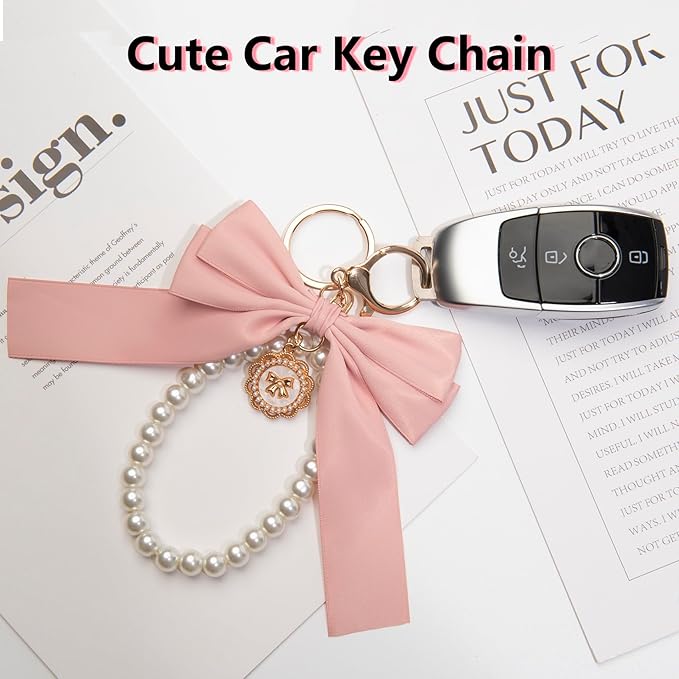 2pcs Bow Keychain, Cute Keychain, Wristlet Keychain, Ribbon Keychain Pearl Bag Charm for Purse Handbags Backpack