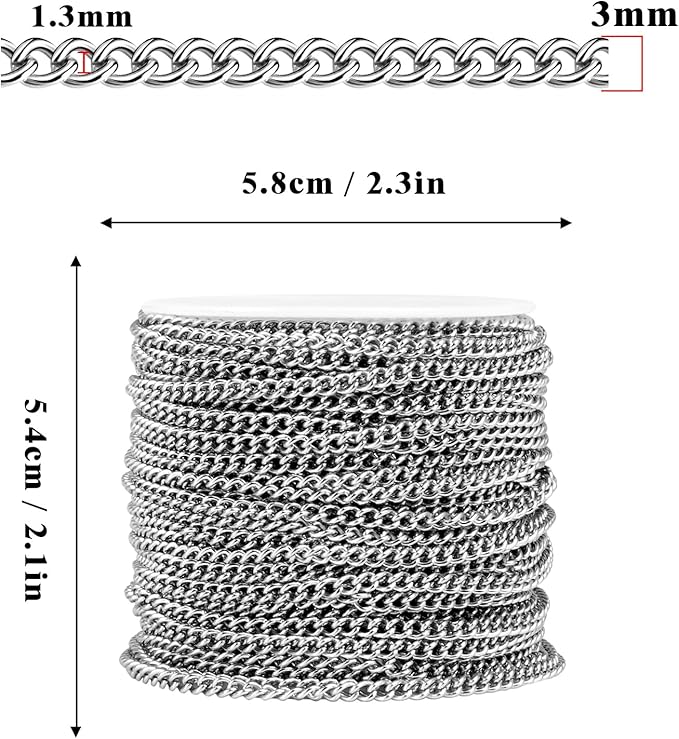 [66 Feet/ 20M] Stainless Steel Curb Chain, 3mm 304 Stainless Steel Flat Twisted Link Chain Roll Spool Curb Chains Bulk for Jewelry Making DIY Craft