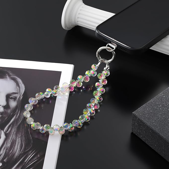 Crystal Phone Wrist Strap Phone Charm Chain Keychain Beaded Cellphone Lanyard with Tether Tab Hands-Free Wristlet Bracelet Wrist Grip Strap for Women, D-Crystal AB