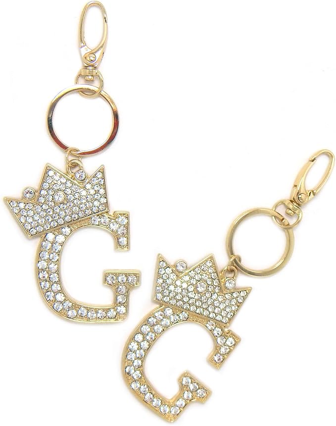 CBC Crown Crystal Rhinestone Letter Initial Keychain, Gold Metal, Bag Charm with Key Ring Approx. 2.17" x 2.56"