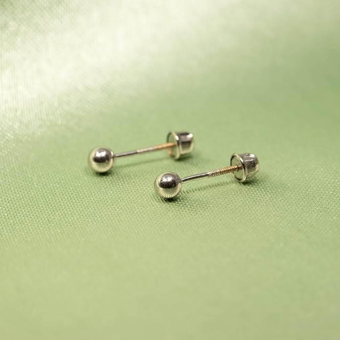 14k Real White Gold Ball Stud Earrings for Women & Men (2mm-8mm Diameter) - Real 14k Gold, Secure Screw Back Design