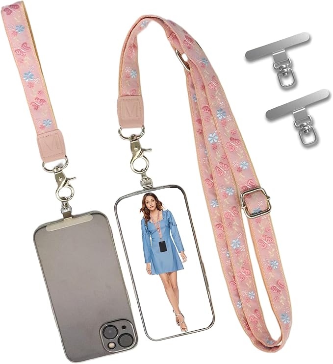 LEMEDE Wrist Keychain and Adjustable Phone Lanyard, Silver Hook Phone Crossbody Strap with 360° Rotating Phone Pads