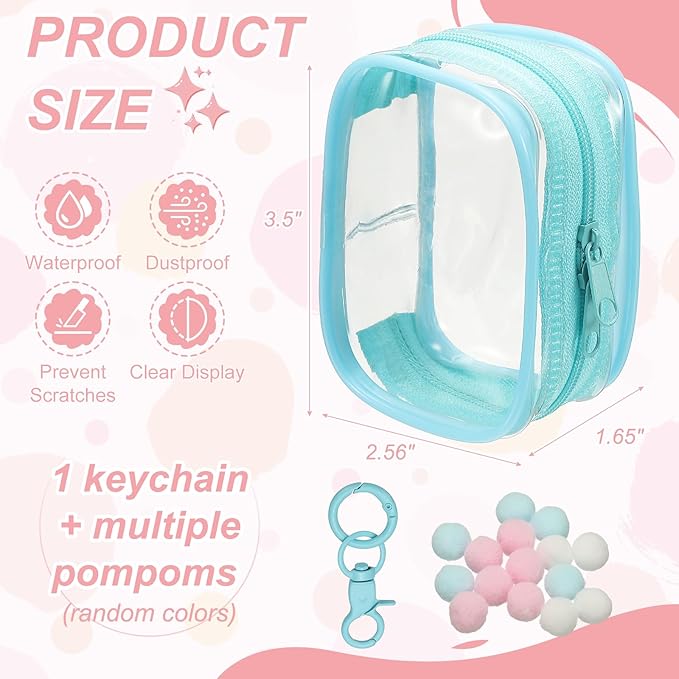 uxcell 3.5 Inch Clear Figure Display Bag, Mini Clear Pouch Waterproof Coin Pouch with Keychain and Pom Poms for Blind Box Doll Display (Square, Sky Blue)