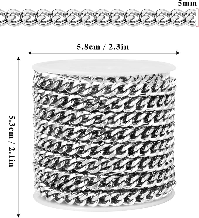 16.5FT Stainless Steel Cuban Chain Roll 5MM Diamond-Cut Curb Link Chains Spool Bulk for Jewelry Making