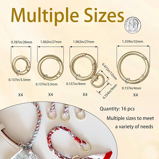 16PCS Metal Spring O Ring Set, Mixed Sizes Round Carabiner Keychain Snap Hooks for Key Rings, Bags, Dog Tags, Buckle, Paracord, Lanyards, and DIY Repair Crafts (Gold)