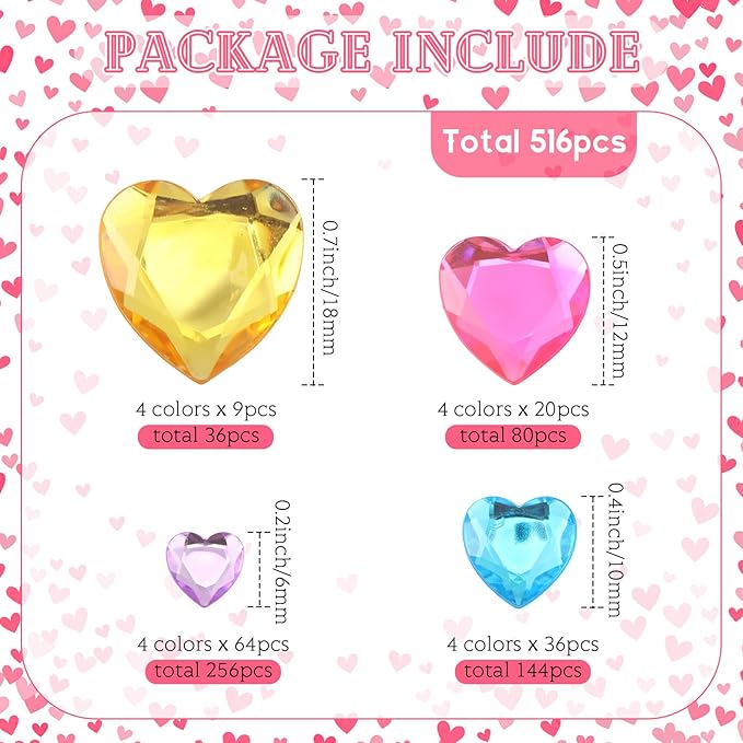 Chuangdi 516 Pcs Acrylic Rhinestone Crystal Gems Rhinestone Flat Back 18mm/12mm/10mm/6mm for Valentine's Day Wedding Decoration DIY Clothes Shoes Jewelry Making Crafts(Multicolor,Heart)