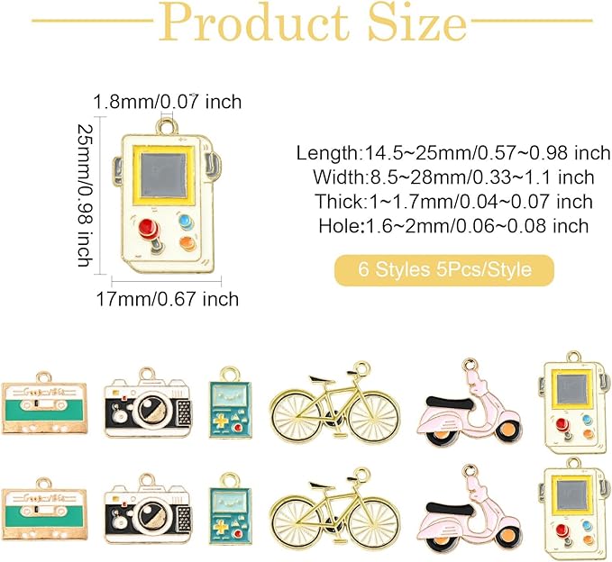Stiesy 30 Pcs 3 Styles Enamel Vintage Charms Retro Bicycle Motorbike Camera Game Machine Metal Charm Bulk for Jewelry Making Crafts Bracelets Necklace Earring DIY Presents